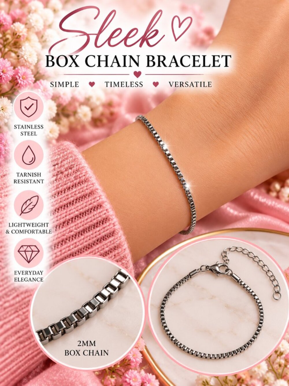 Stainless Steel Silver Box Chain Bracelet 2mm Adjustable Sleek Dainty Jewelry